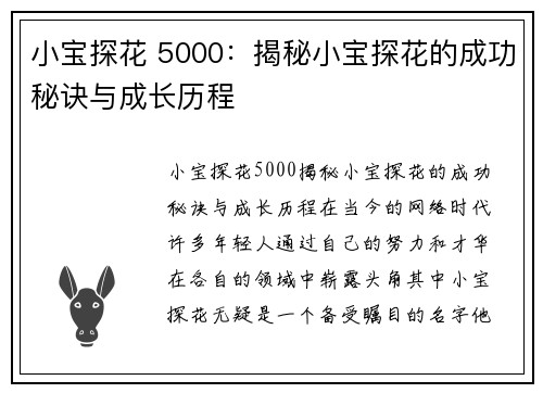 小宝探花 5000：揭秘小宝探花的成功秘诀与成长历程